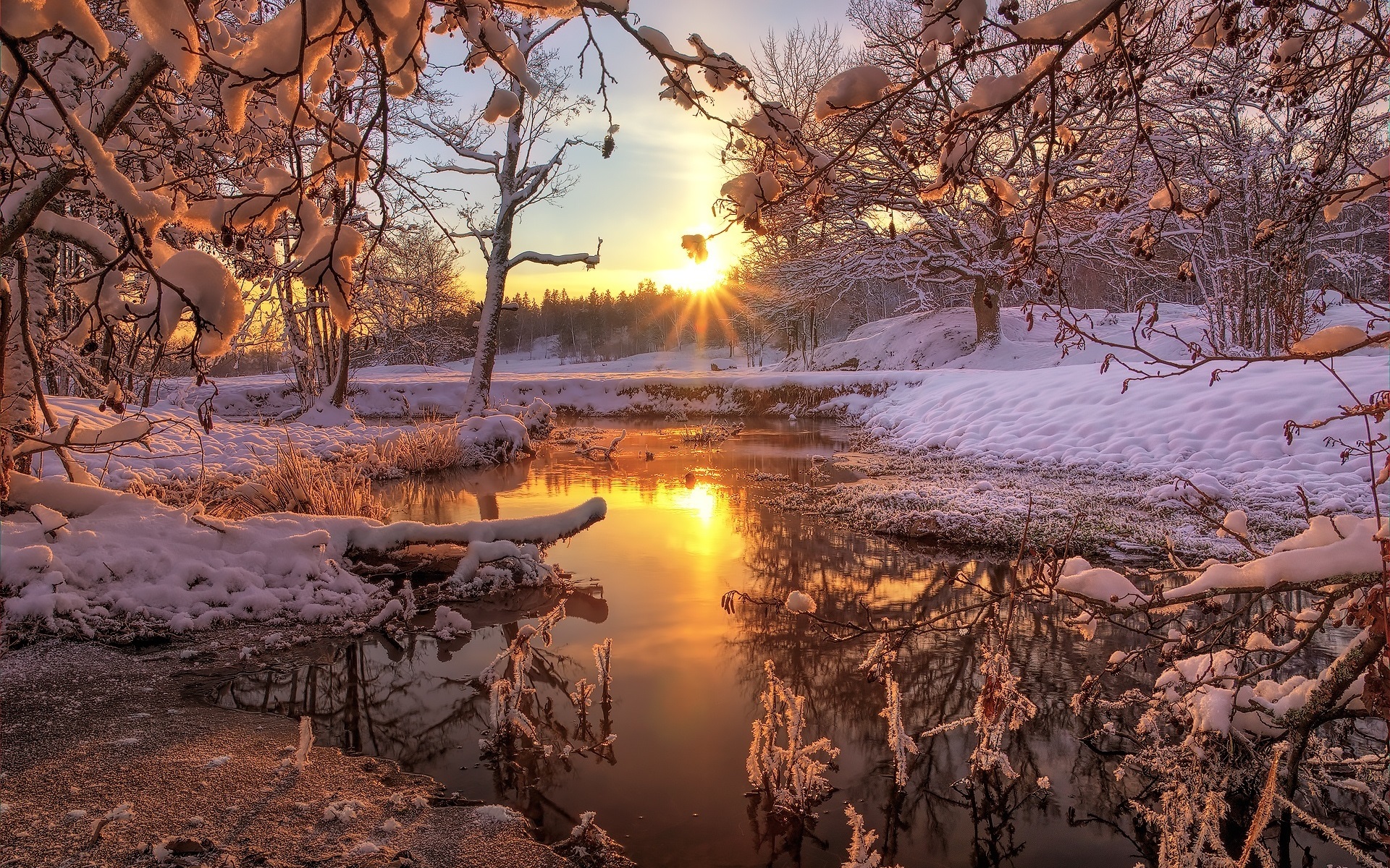 Wallpaper Winter, Snow, Forest, Trees, River, Dawn, - Nature Winter Facebook Cover - HD Wallpaper 