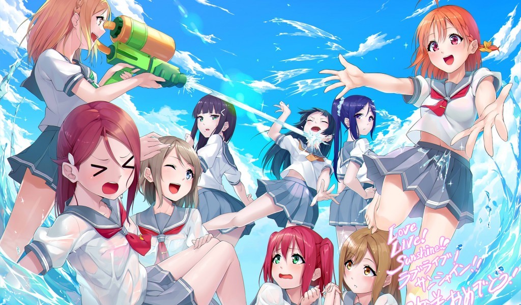 Anime Girls, Water War, School Uniform, Sea, Love Live - Anime Girls Water  Gun - 1024x600 Wallpaper 