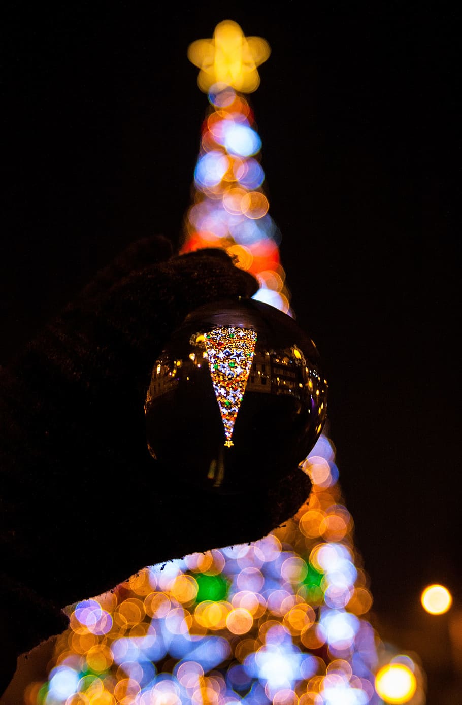 Christmas, Tree, Lights, Dark, Lighting, Bokeh, Hand, - Christmas Day - HD Wallpaper 
