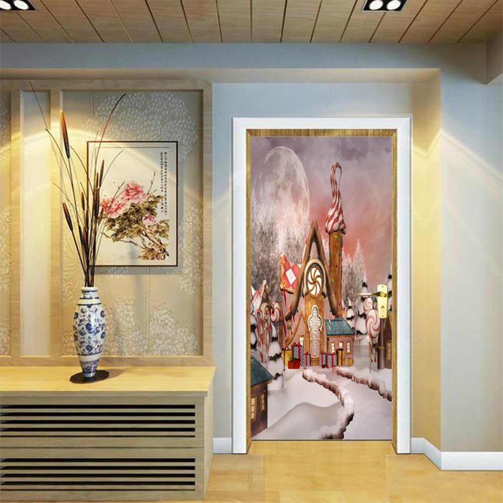 2 Sheets/pcs Christmas Snow Scenery Door Sticker Dreaming - 3d Door Wallsticker - HD Wallpaper 