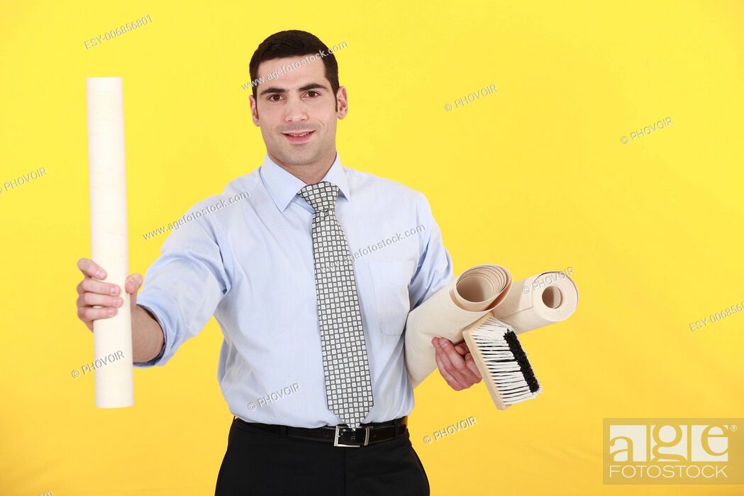 Businessman Holding A Roller And Wallpapers - Stock Photography - HD Wallpaper 