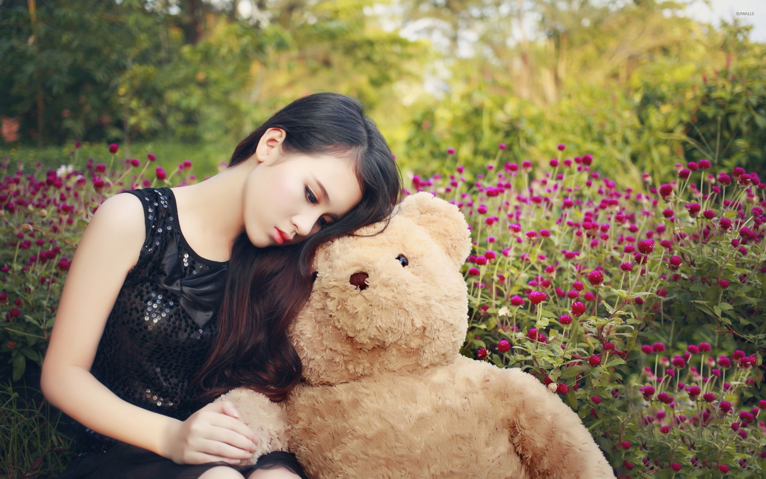 Cute Asian Girl With A Teddy Bear Wallpaper 
 Data - Cute Girl Teddy Bear - HD Wallpaper 