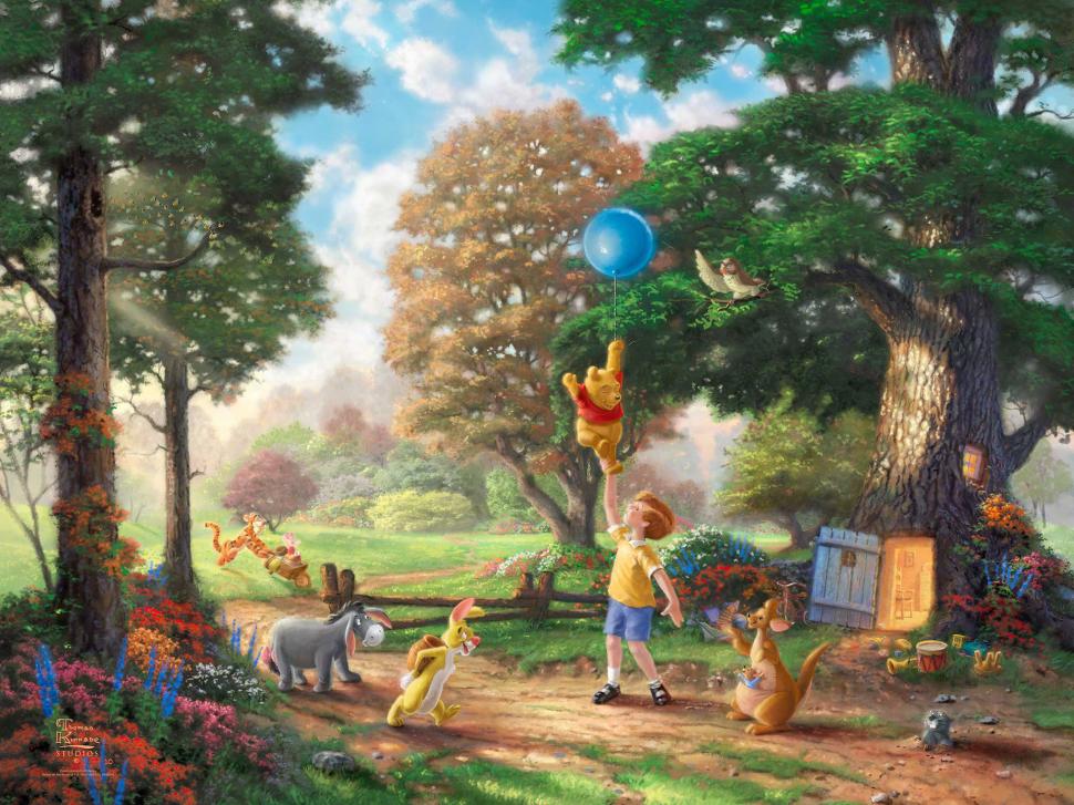 Winnie The Pooh Balloon Trees Drawing Hd Hd Wallpaper,trees - Thomas Kinkade Disney Winnie The Pooh - HD Wallpaper 