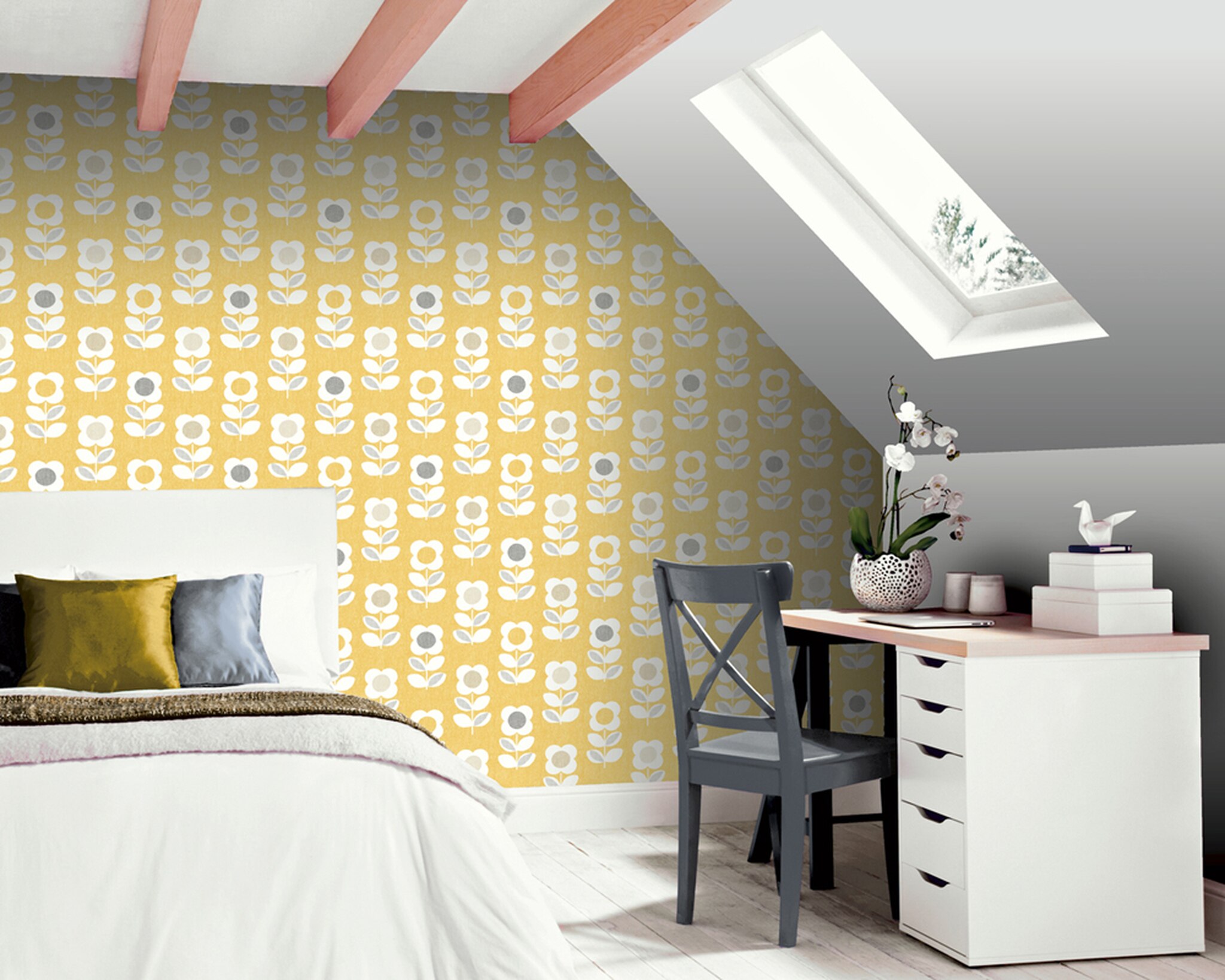 Retro Flower Yellow Wallpaper - Lilac And Grey Bedroom - HD Wallpaper 