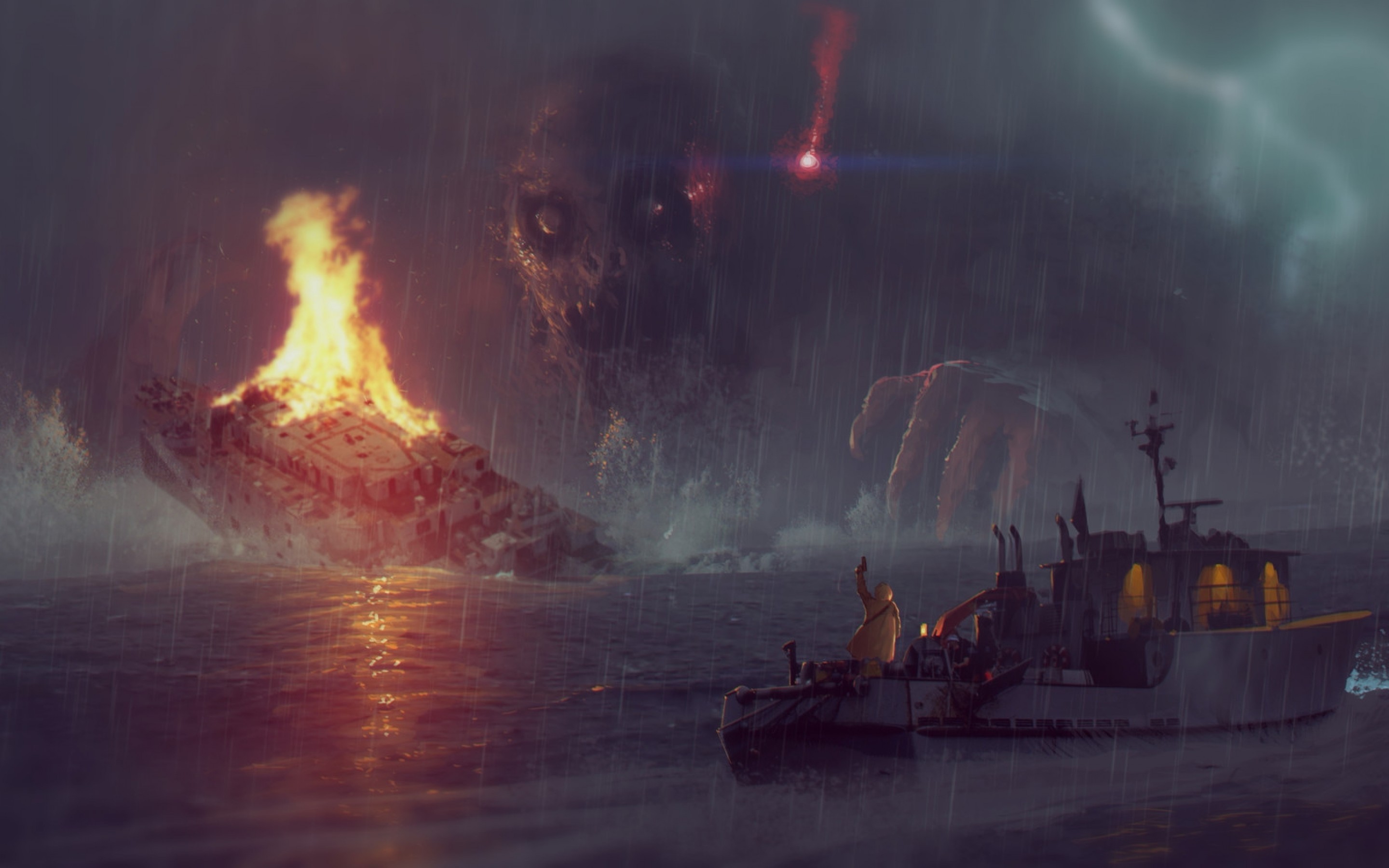 Sea Monster, Wrecked Ship, Flames, Night, Raining, - Sea Monster - HD Wallpaper 