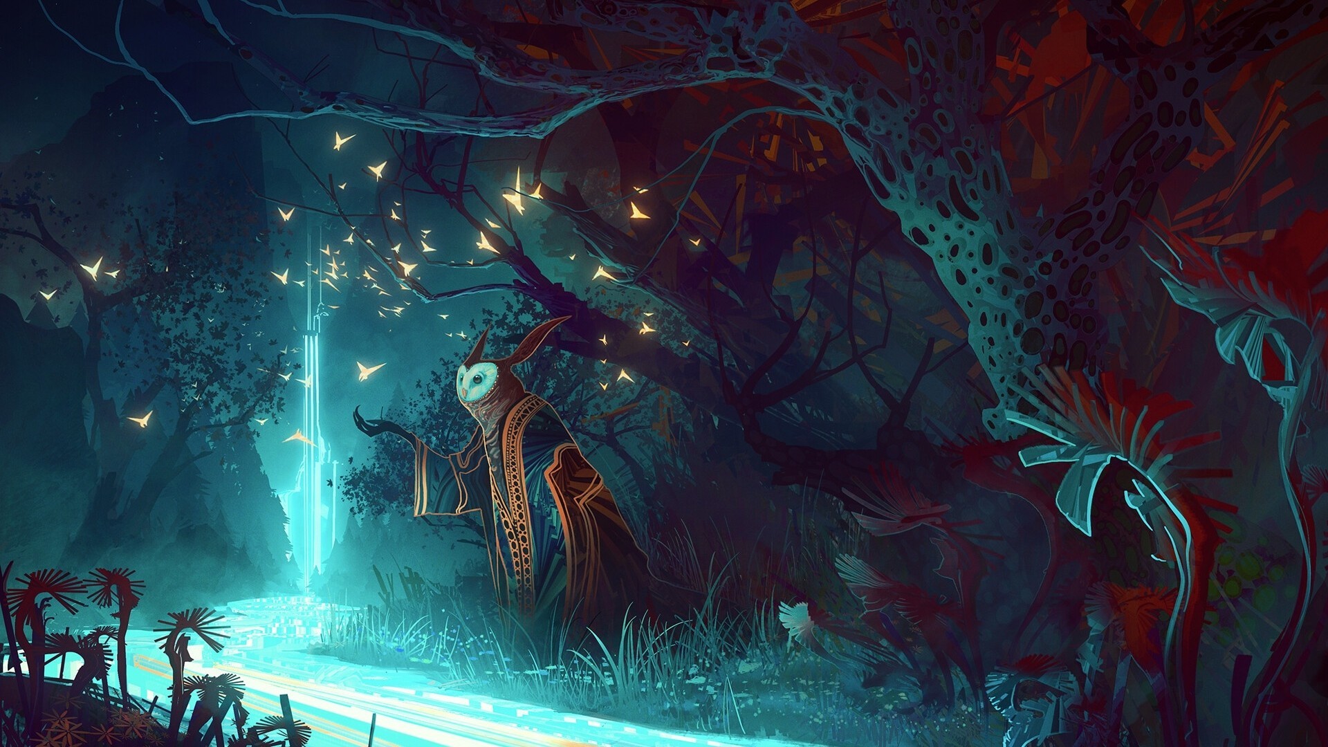 Fantasy Landscape, Owl, Magical Creature, Trees, Darkness - Procreate Art - HD Wallpaper 