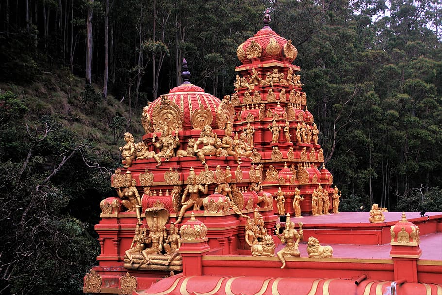 Red Temple With Gold-colored Statues On Roof, Indian, - Red Hindu Temple - HD Wallpaper 