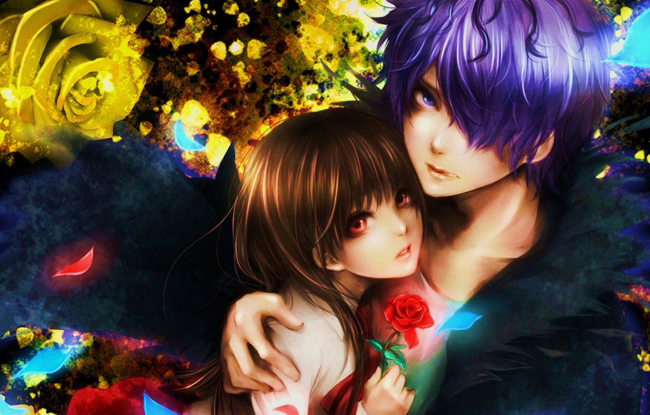 Photo Wallpaper Look, Hugs, Guy, Two, Red Eyes, Golden - Love Girl And Boy Wallpaper Hd - HD Wallpaper 