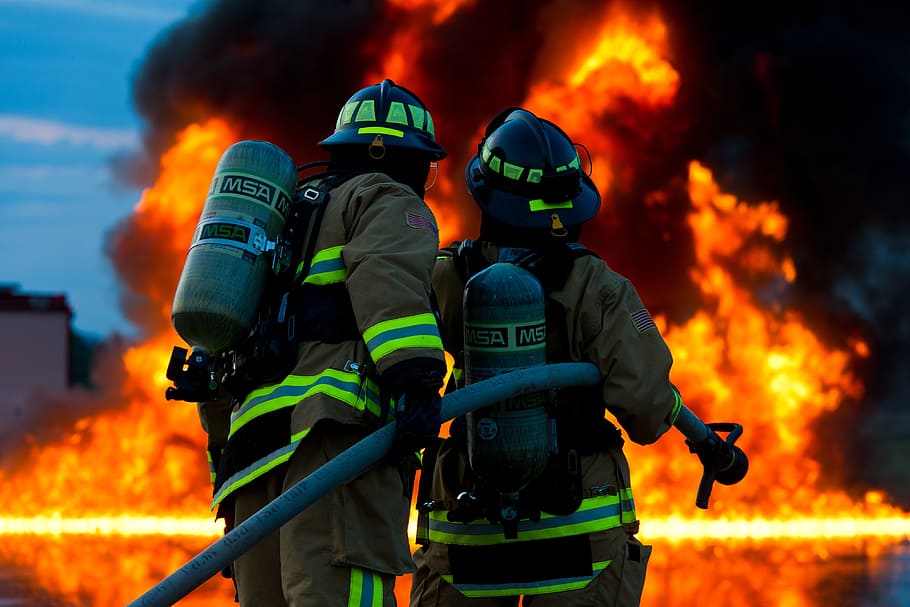 Two Firemen In Front Of Fire, Firefighter, Emergency, - Fire Prevention Is Better Than Fire Fighting - HD Wallpaper 