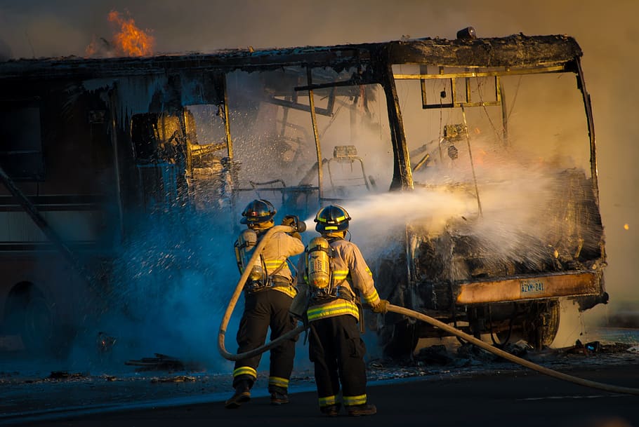 Two Firefighters Dousing Fire On Bus, Firemen, Fireman, - Fire Dept Inspirational Quotes - HD Wallpaper 