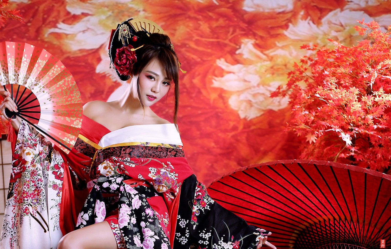 Photo Wallpaper Girl, Fan, Geisha, Kimono, Asian - Kimono Geisha - HD Wallpaper 