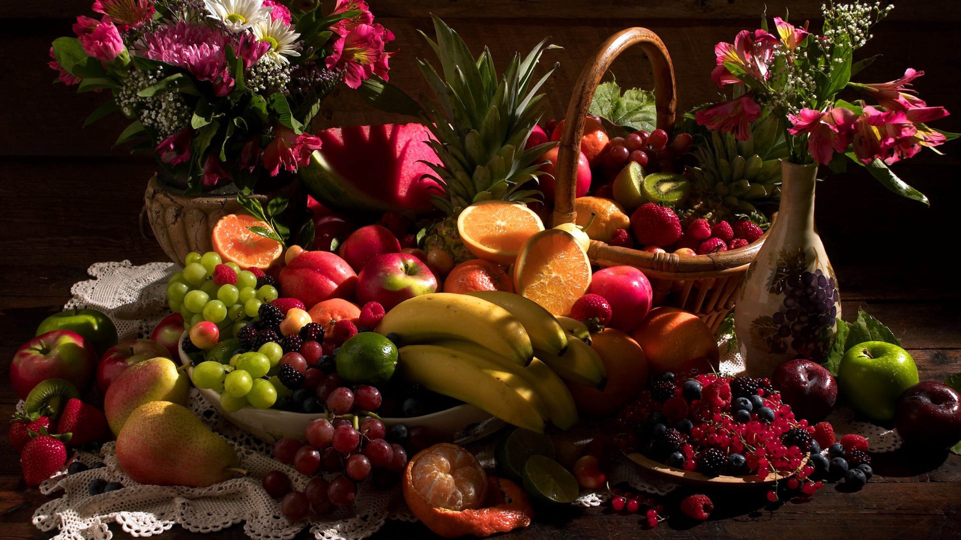 Wallpaper Still Life, Table, Fruit, Flowers - Fruit Flowers And Food - HD Wallpaper 
