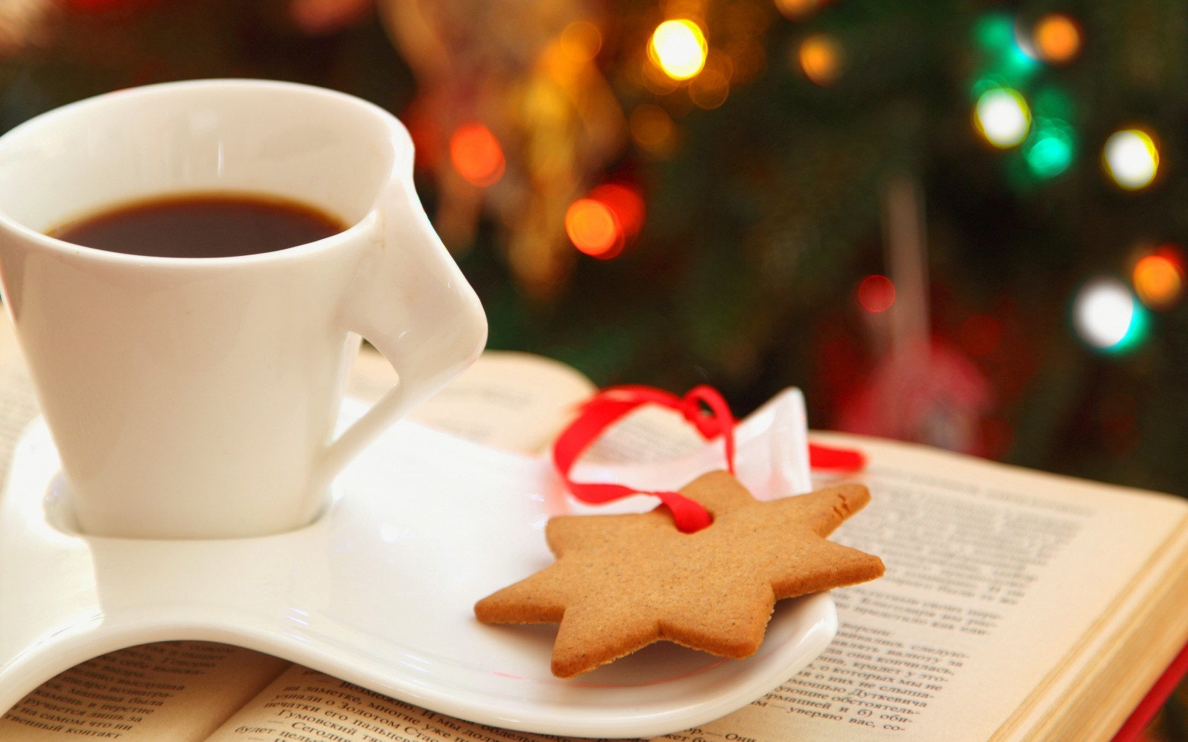 Cup Coffee Cookies Star Book Lights Bokeh Christmas - HD Wallpaper 