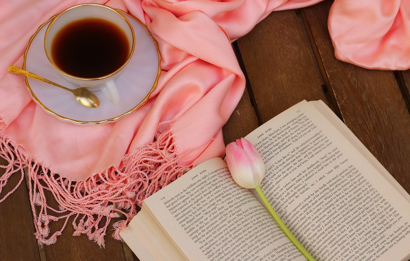 Photo Wallpaper Flower, Pink, Tulip, Coffee, Scarf, - Book With Pink Tultip - HD Wallpaper 