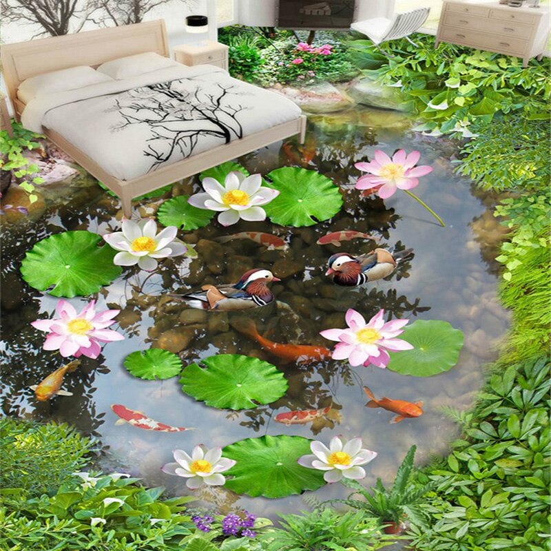 Photo Wallpaper 3d Lotus Pond Floor Tiles Murals Living - Végétation D Intérieur - HD Wallpaper 