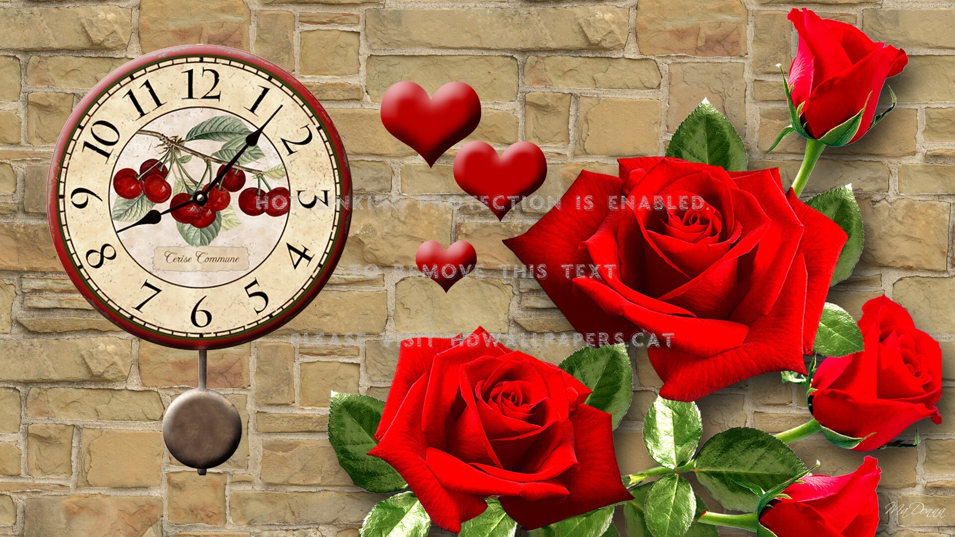 Time For Valentines Day Brick Clock Roses - Garden Roses - HD Wallpaper 