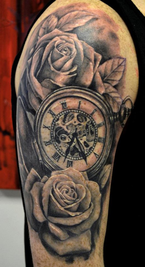 30 Clock N Rose - Half Sleeve Flower Tattoo For Men - HD Wallpaper 