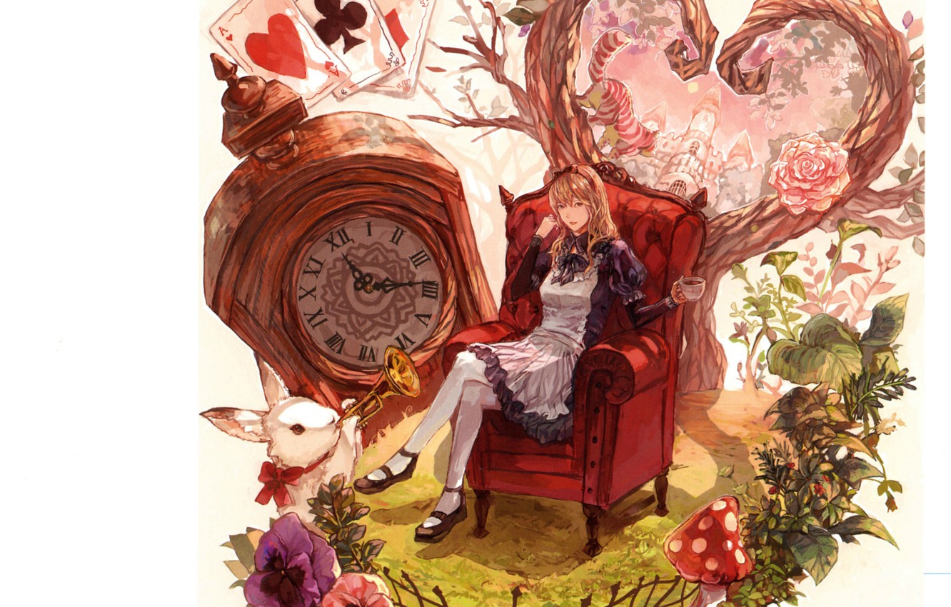 Photo Wallpaper Card, Cat, Leaves, Watch, Chair, Mushroom, - Alice In Wonderland - HD Wallpaper 