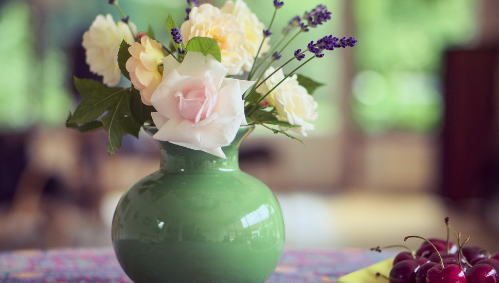 Summer, Cherry, Bouquet, Still Life, Table, Flowers, - Flower Vase - HD Wallpaper 