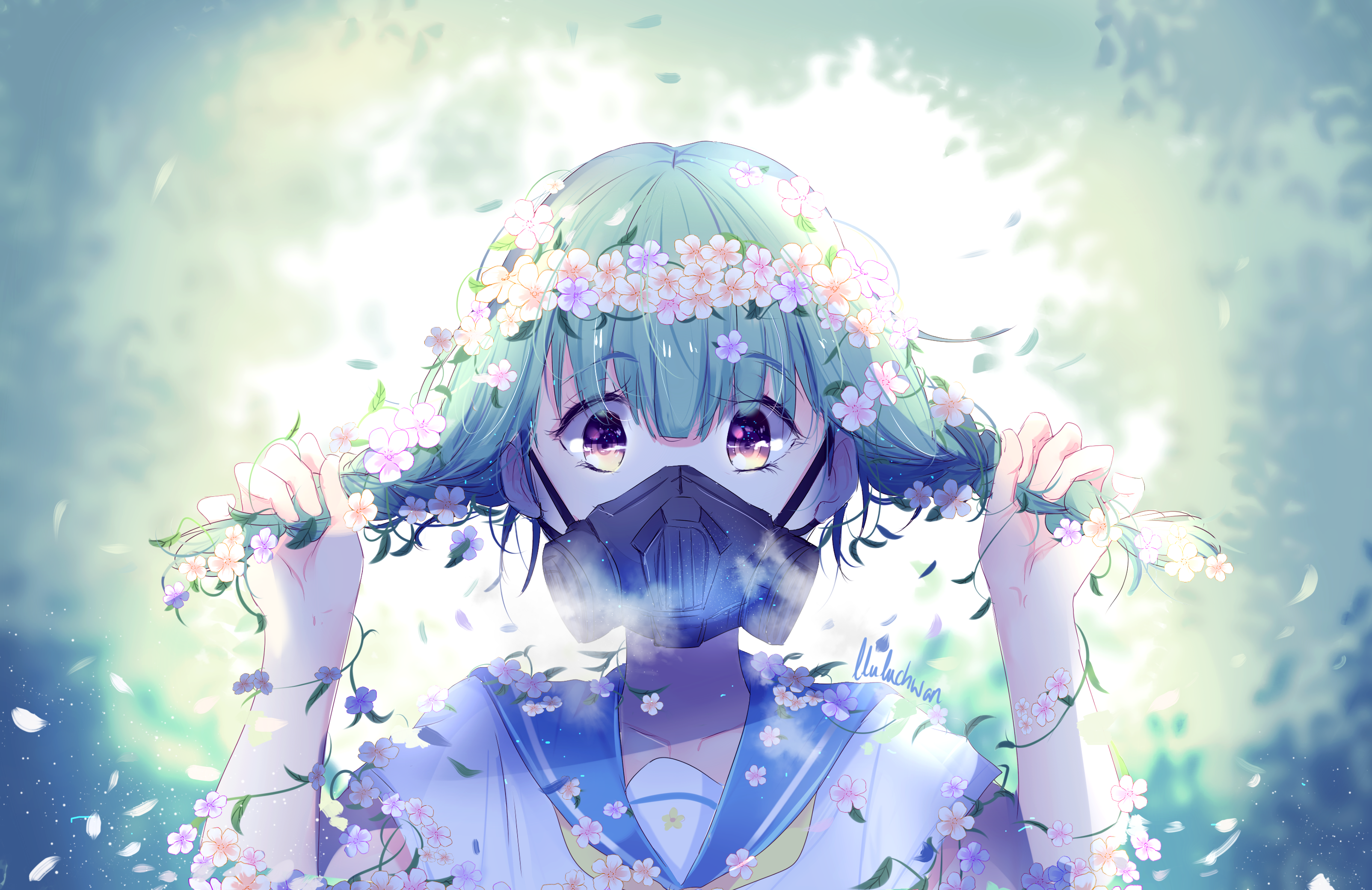 Anime Girl Gas Mask Flower - HD Wallpaper 