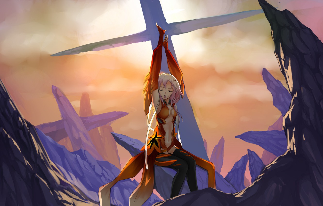 Photo Wallpaper Rocks, Cross, Stockings, Pink Hair, - Inori Guilty Crown Op - HD Wallpaper 