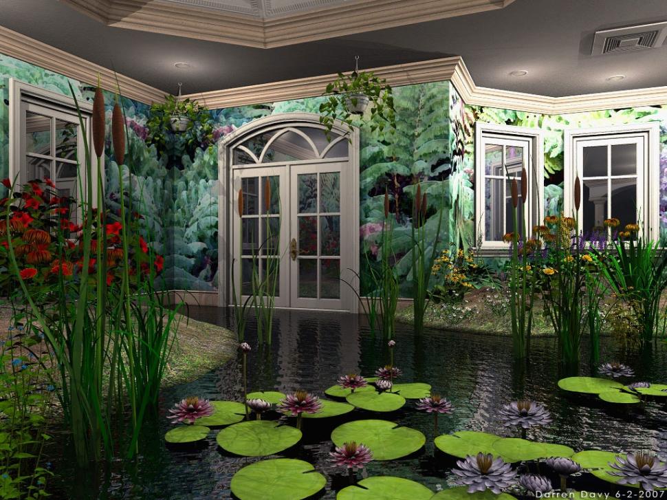 The Greenhouse Abstract Cattails Door Flowers Green - Lily Pad Indoor Plant - HD Wallpaper 