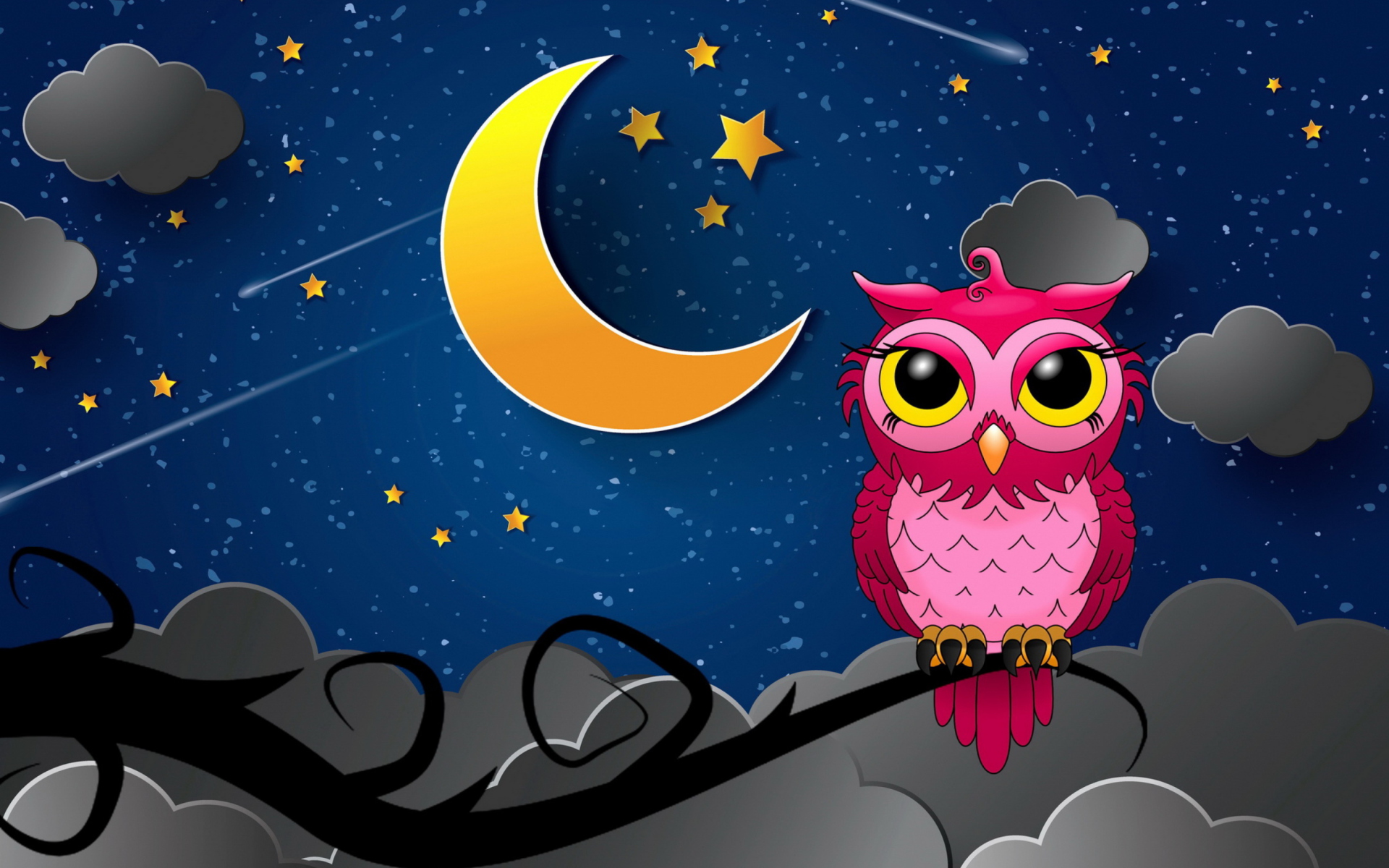 Night Sky With Moon And Owl - HD Wallpaper 