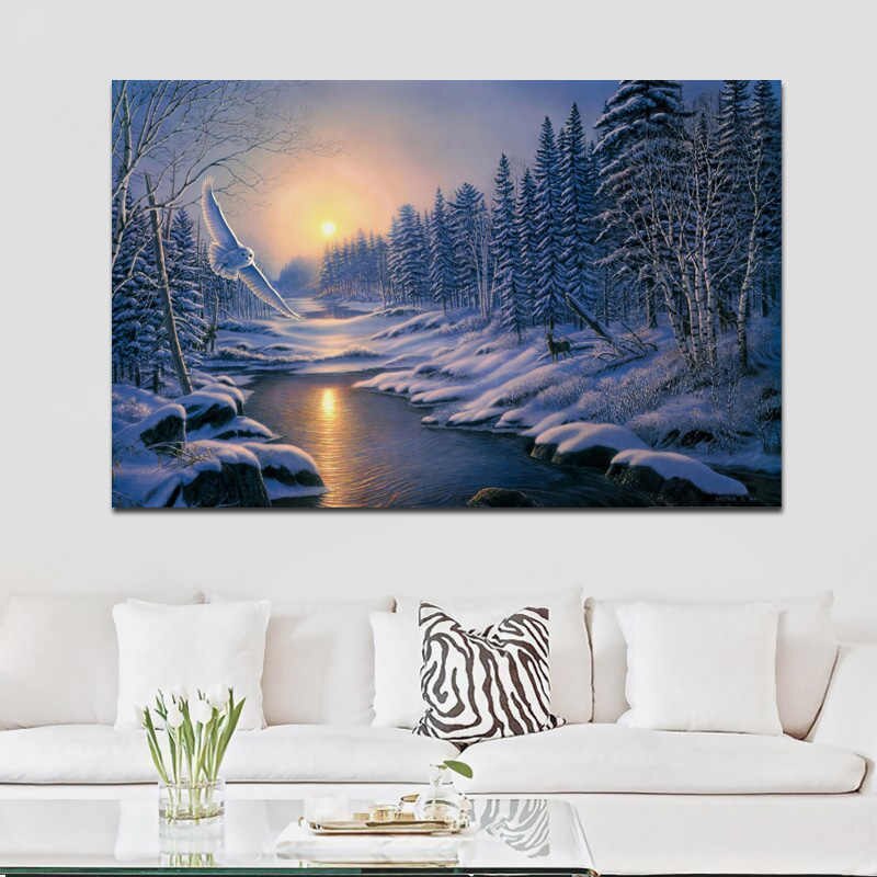 White Owl Painting Winter Forest Sunrise Nature Landscape - 3d Winter Morning - HD Wallpaper 