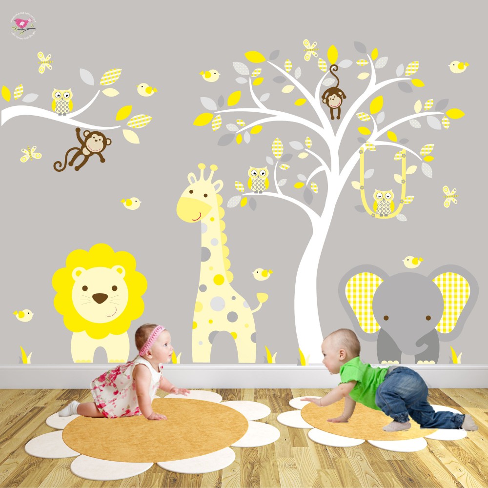 Safari Woodland Wall Decals Yellow And Grey Nursery - Nursery Wall Stickers Yellow And Grey - HD Wallpaper 