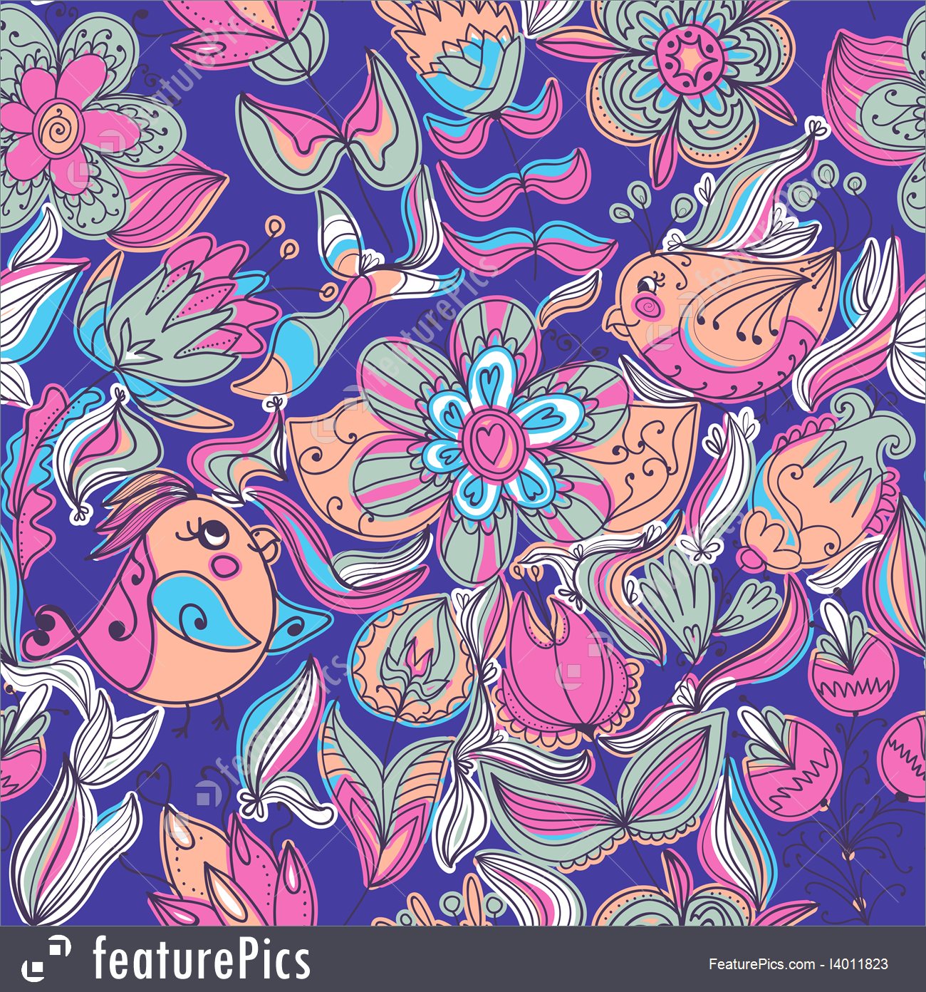 Cute Colorful Floral Seamless Pattern With Bird Royalty-free - Motif - HD Wallpaper 