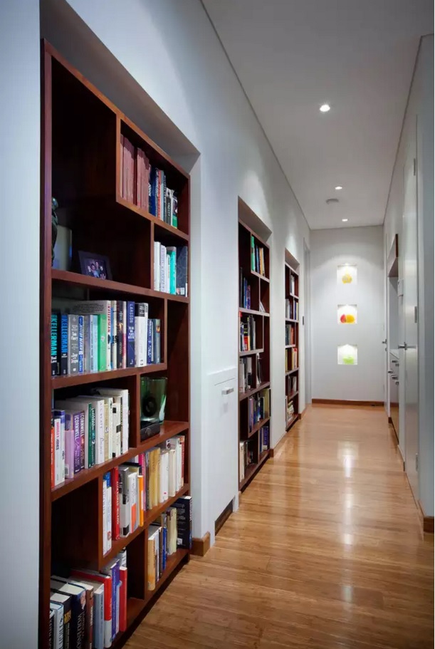 Top 20 Modern Unique Hallway Design Ideas - Bookshelf With Different Sized Shelves - HD Wallpaper 