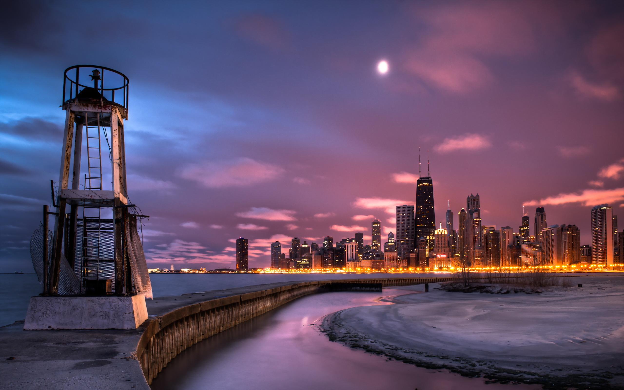 Chicago At Night Winter - HD Wallpaper 