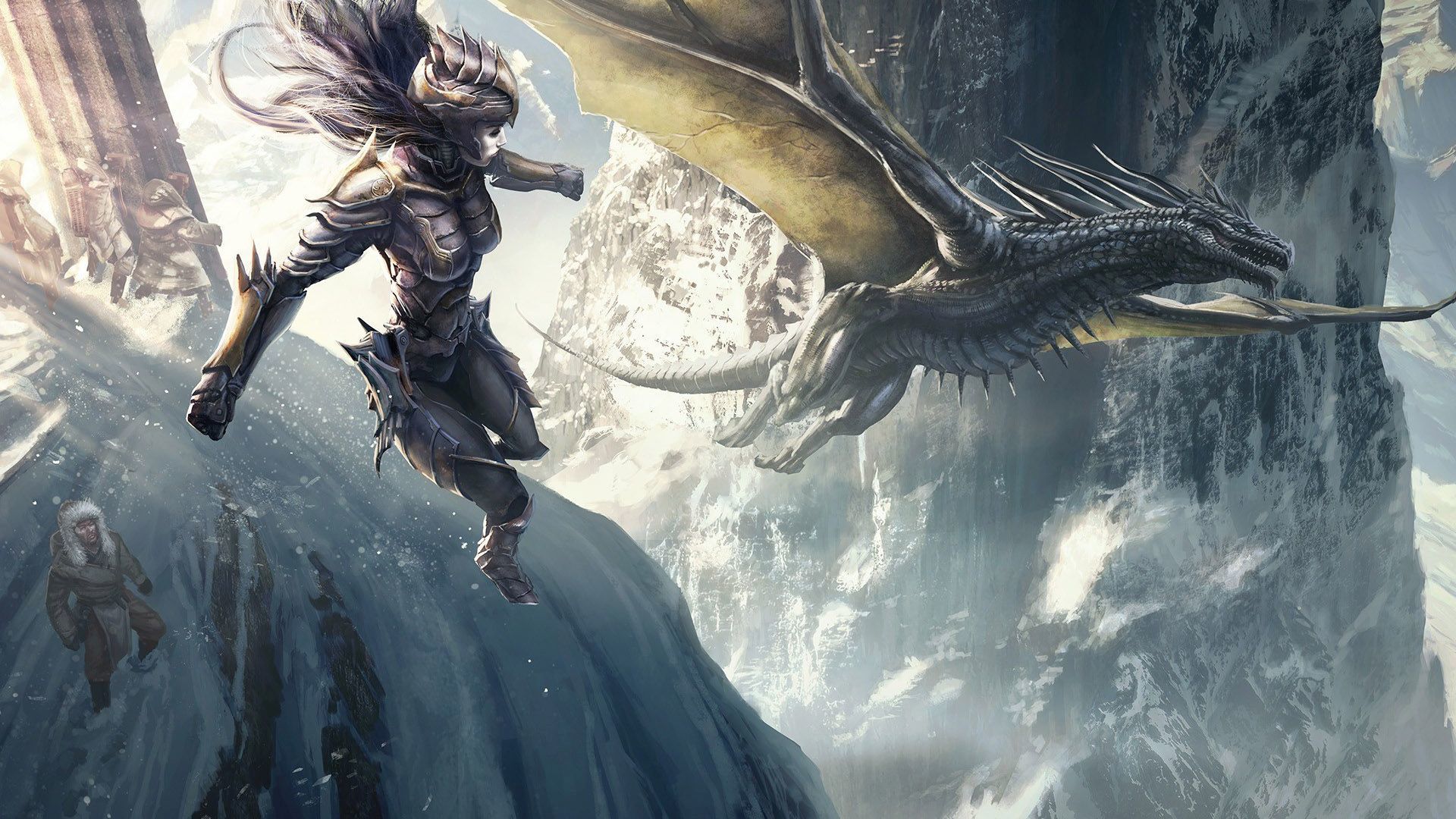 Dragon And Woman Warrior Flying Together - Dragon Flying With Woman - HD Wallpaper 