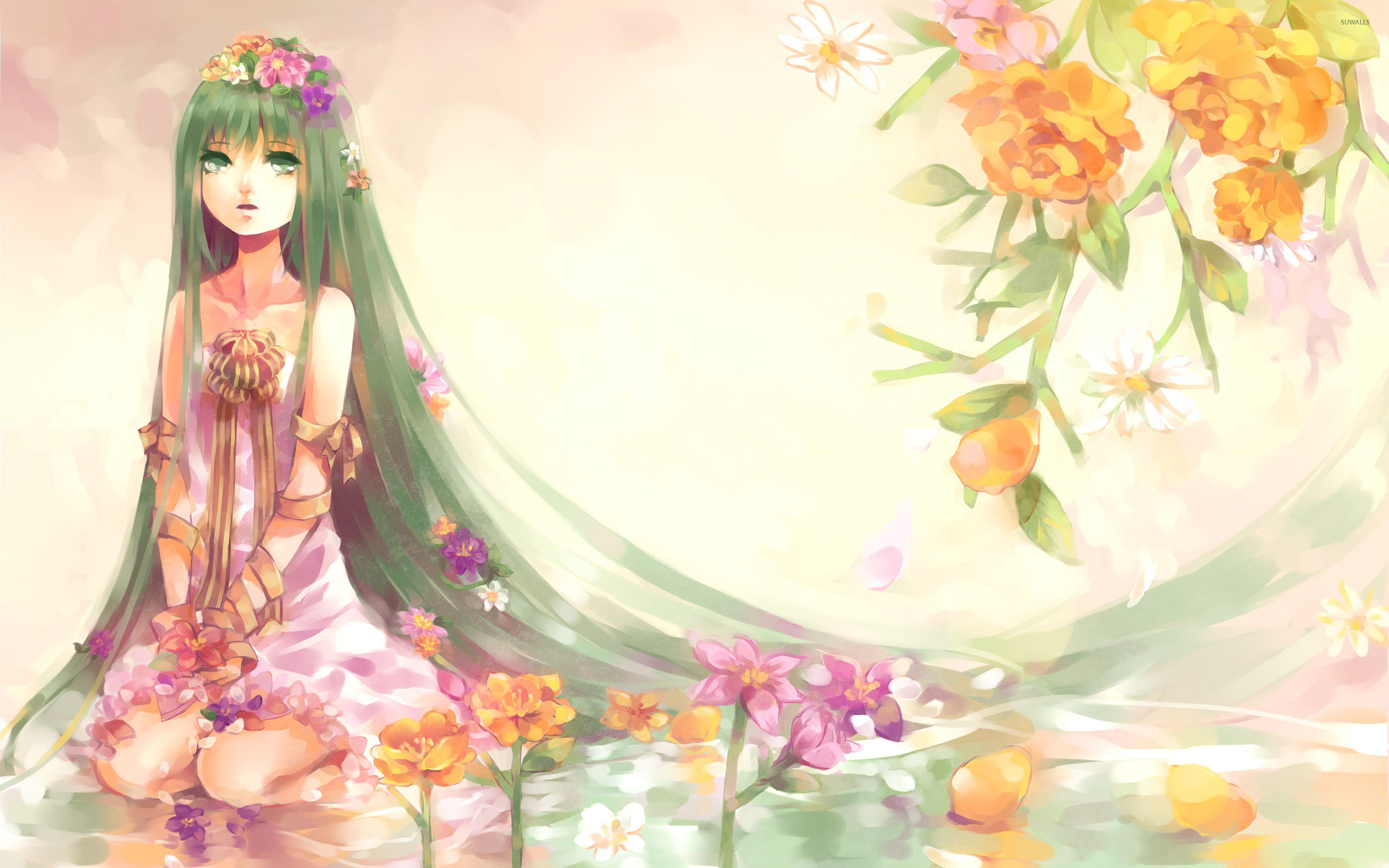 Anime Girl With Flowers - HD Wallpaper 
