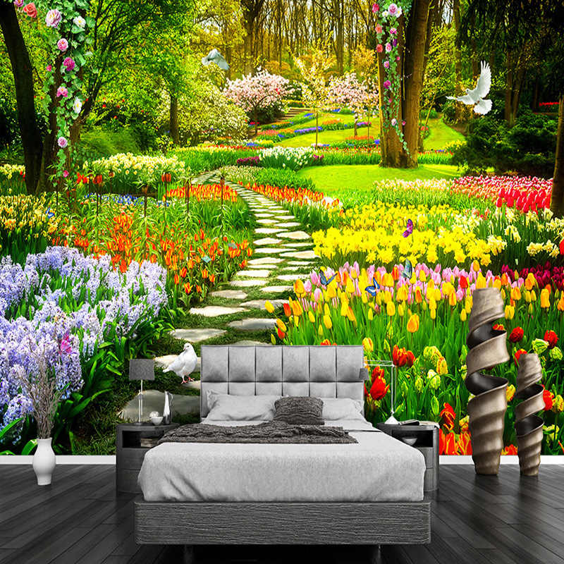 Custom 3d Nature Flowers Garden Path Photo Mural Wallpaper - Natural Flower Images Background - HD Wallpaper 