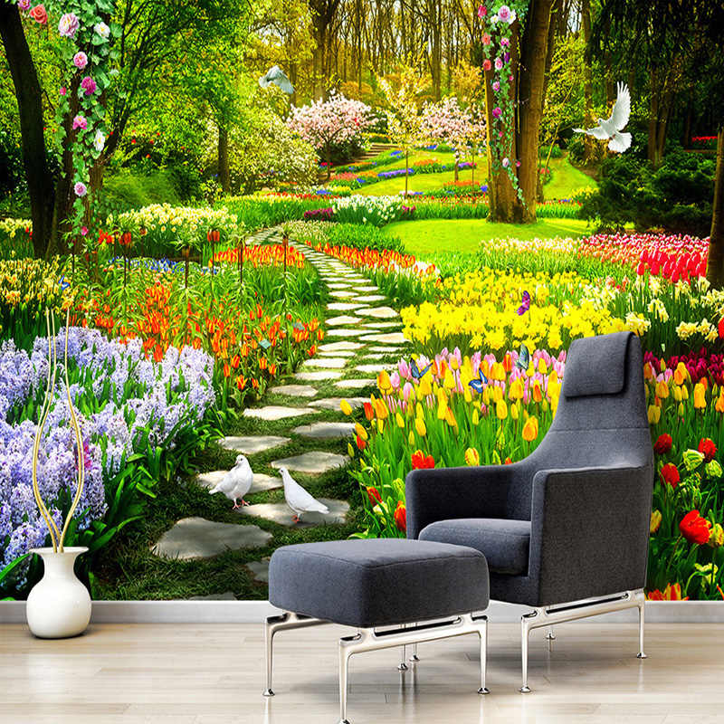 Custom 3d Nature Flowers Garden Path Photo Mural Wallpaper - Background Flowers Garden - HD Wallpaper 