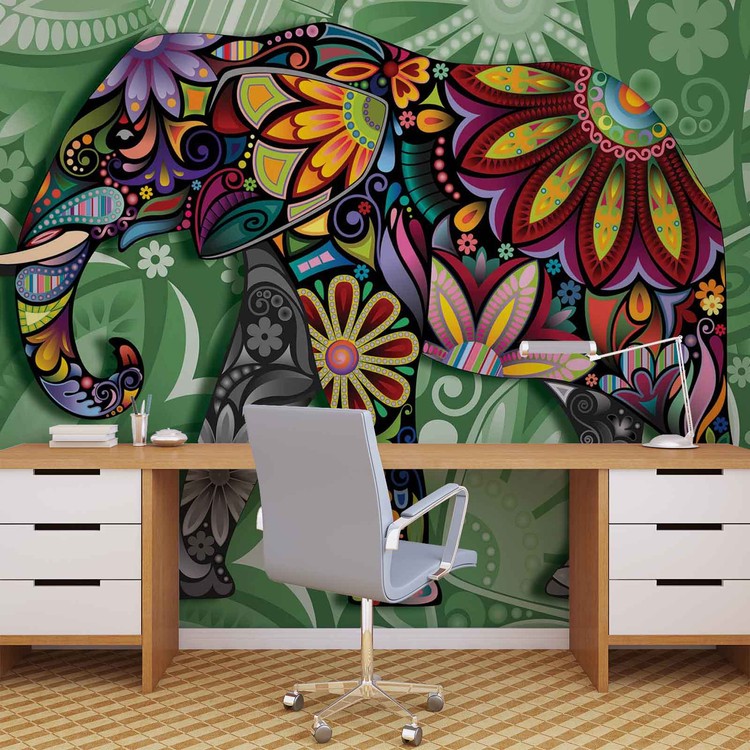 Elephant Flowers Abstract Colours Wallpaper Mural - Indian Elephant Painting - HD Wallpaper 