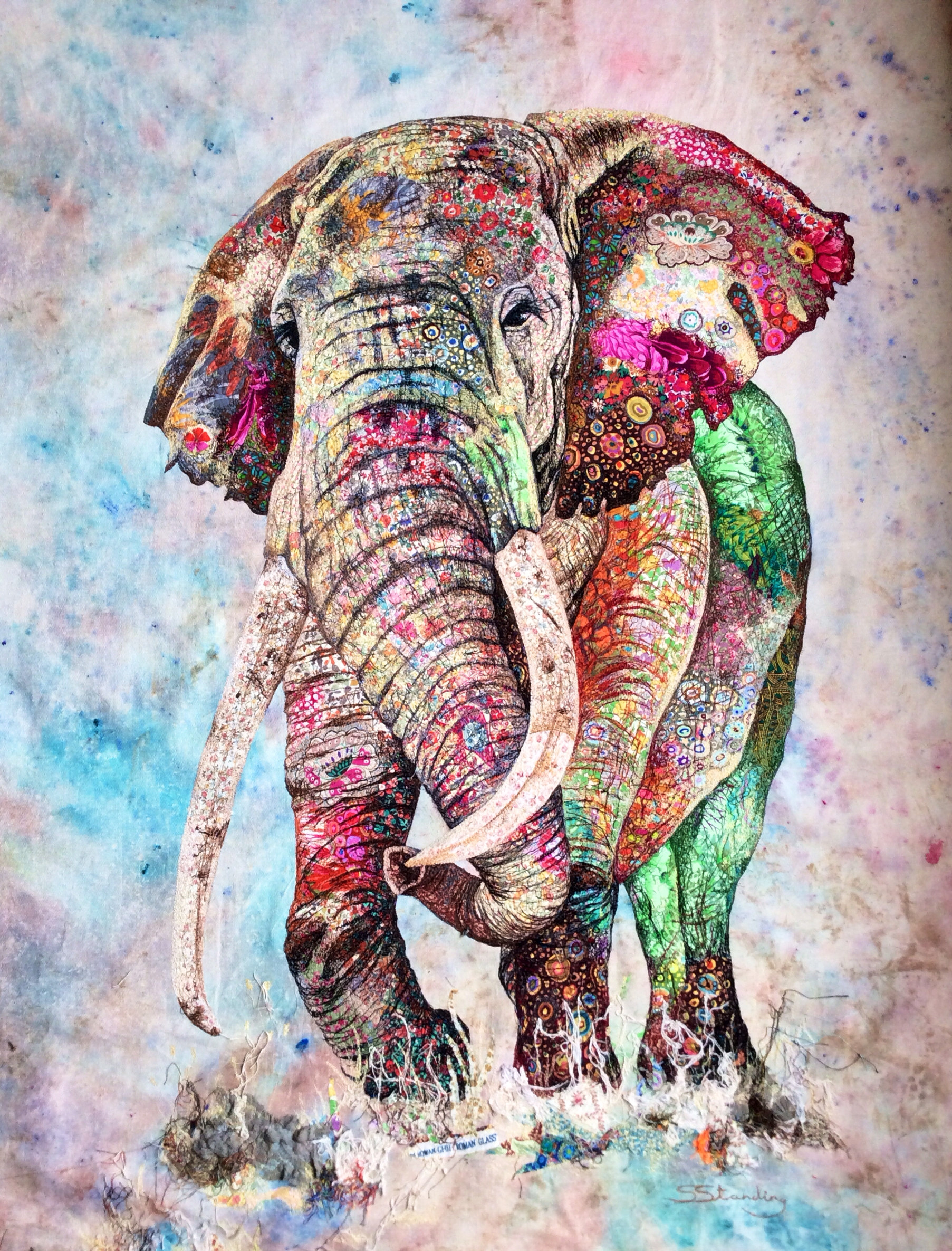Three Elephants Teal And White Chevron On Grey Art - Elephant Artwork - HD Wallpaper 