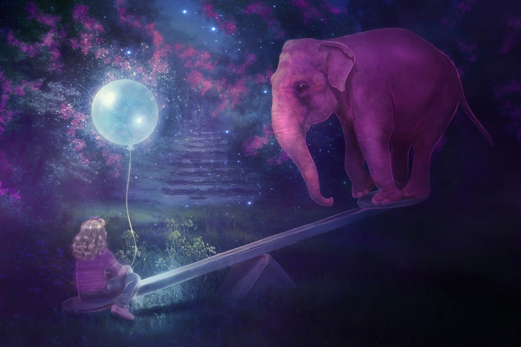 Painting Of Baby Girl Holding Balloons On Seesaw With - Painting Of An Elephant With Balloons - HD Wallpaper 