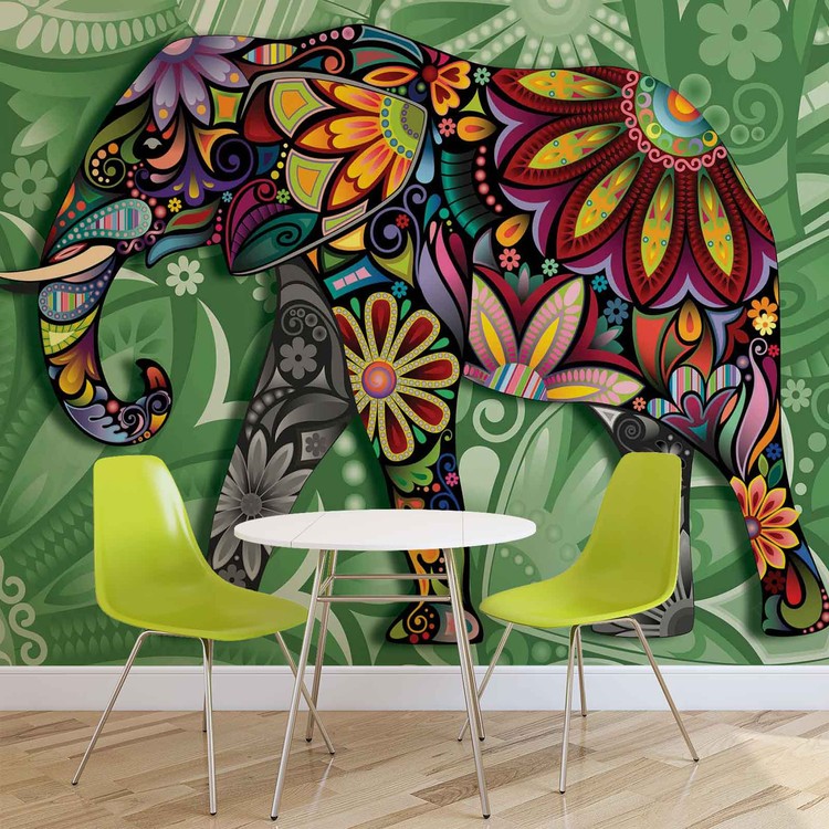 Elephant Flowers Abstract Colours Wallpaper Mural - Elephant Graphic - HD Wallpaper 