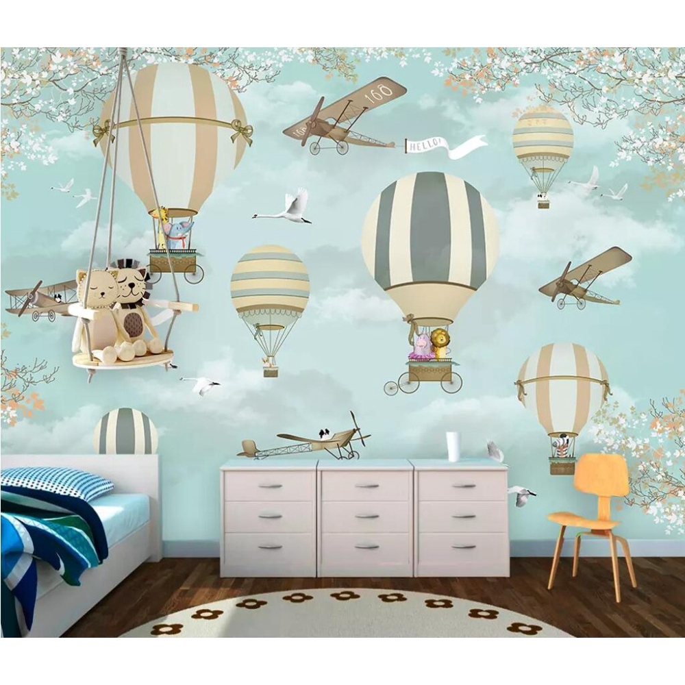 Nursery Décor Custom Size Mural Kids Room Wall 3d Photo - Hot Air Balloon Wallpaper Nursery - HD Wallpaper 