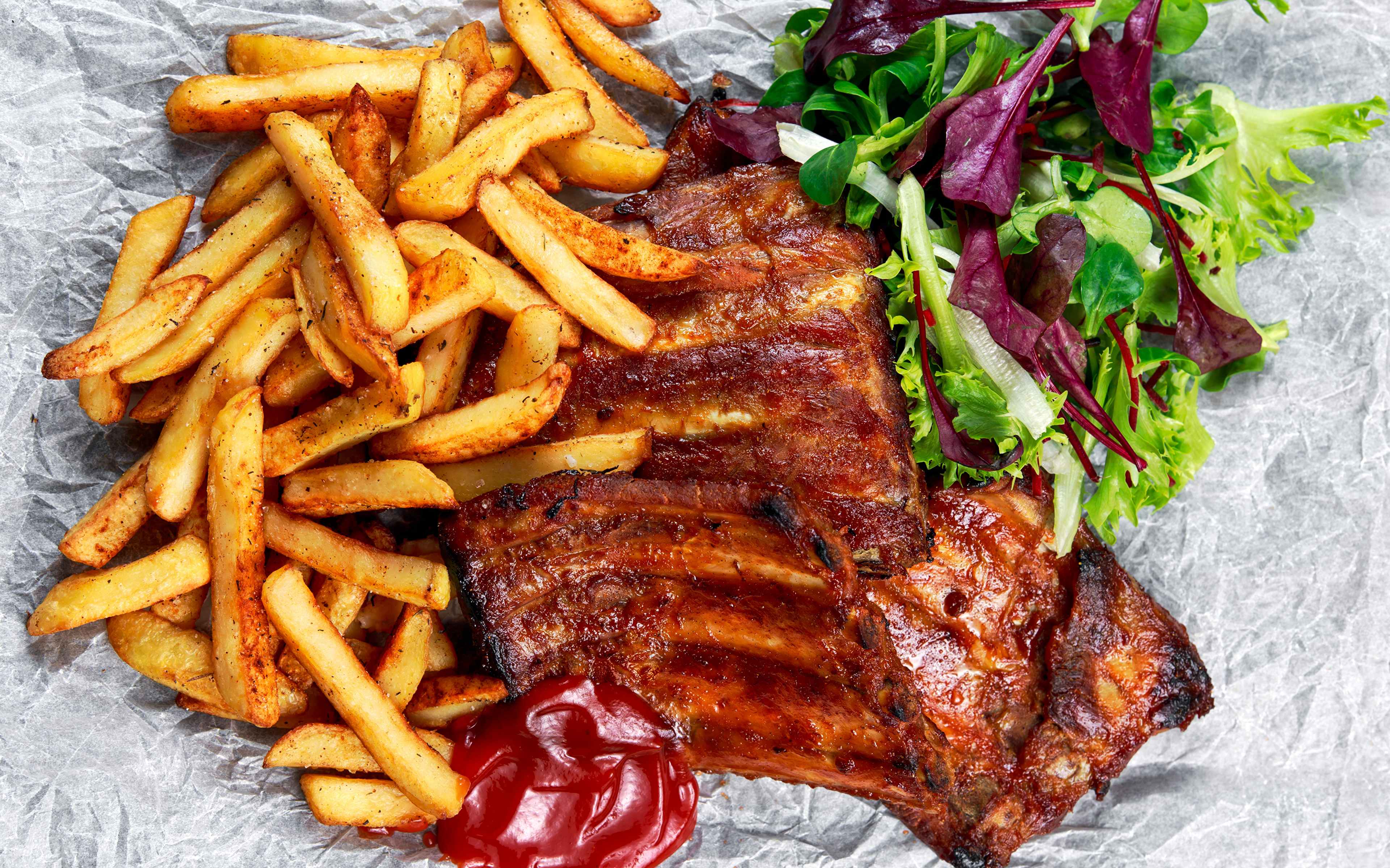 Ribs Fries And Salad - HD Wallpaper 