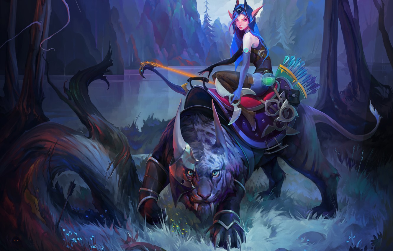 Photo Wallpaper Forest, Girl, Night, Art, Luna, Dota - Luna Dota 2 Art - HD Wallpaper 