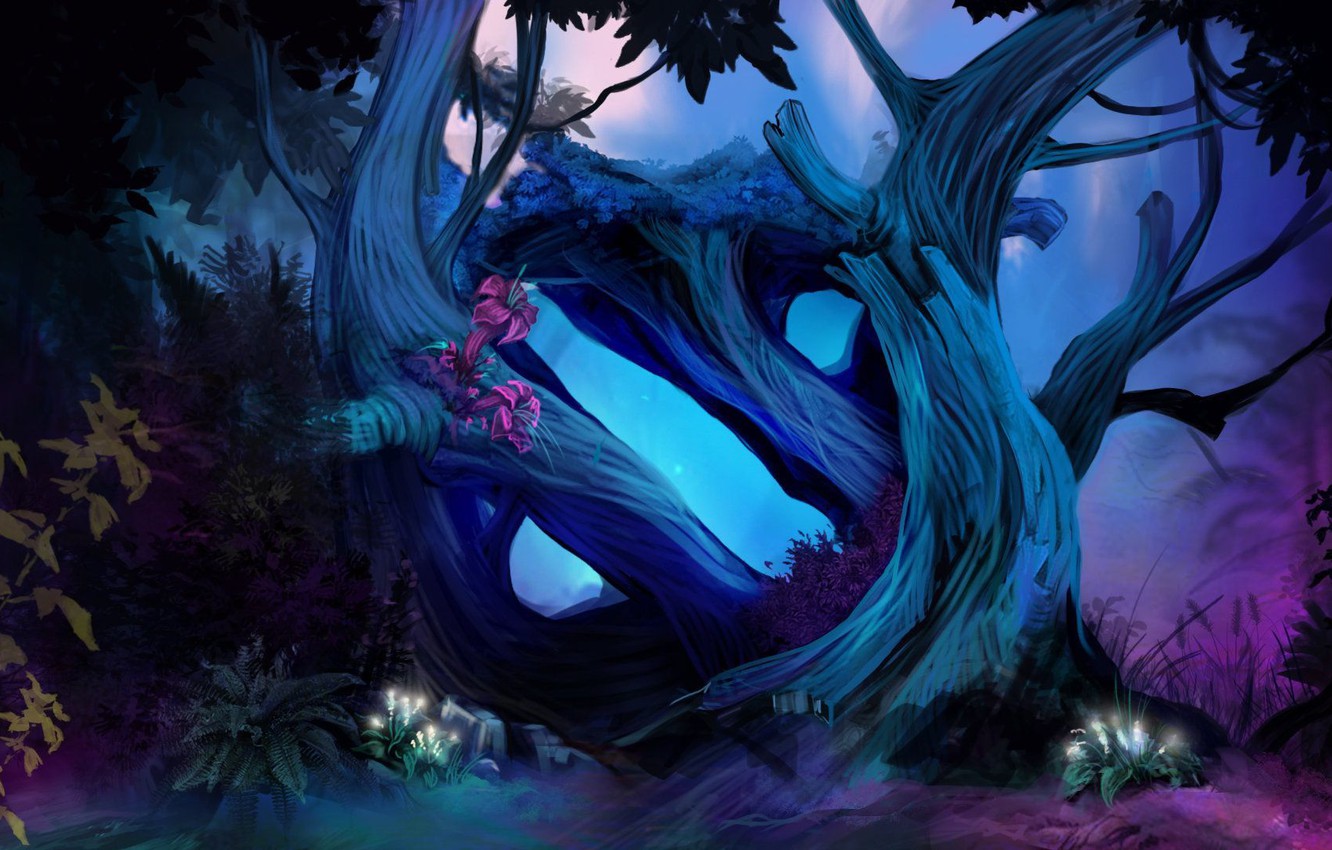 Photo Wallpaper Trees, Flowers, Branch, Logo, Logo, - Дота 2 Арт Пейзаж - HD Wallpaper 