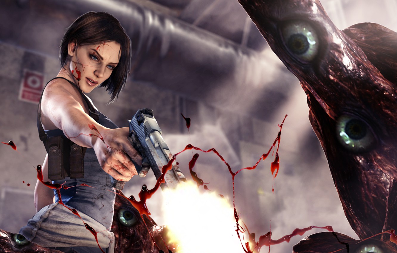 Photo Wallpaper Girl, Gun, Blood, Monster, Resident - Jill Valentine Resident Evil 3 Remake - HD Wallpaper 