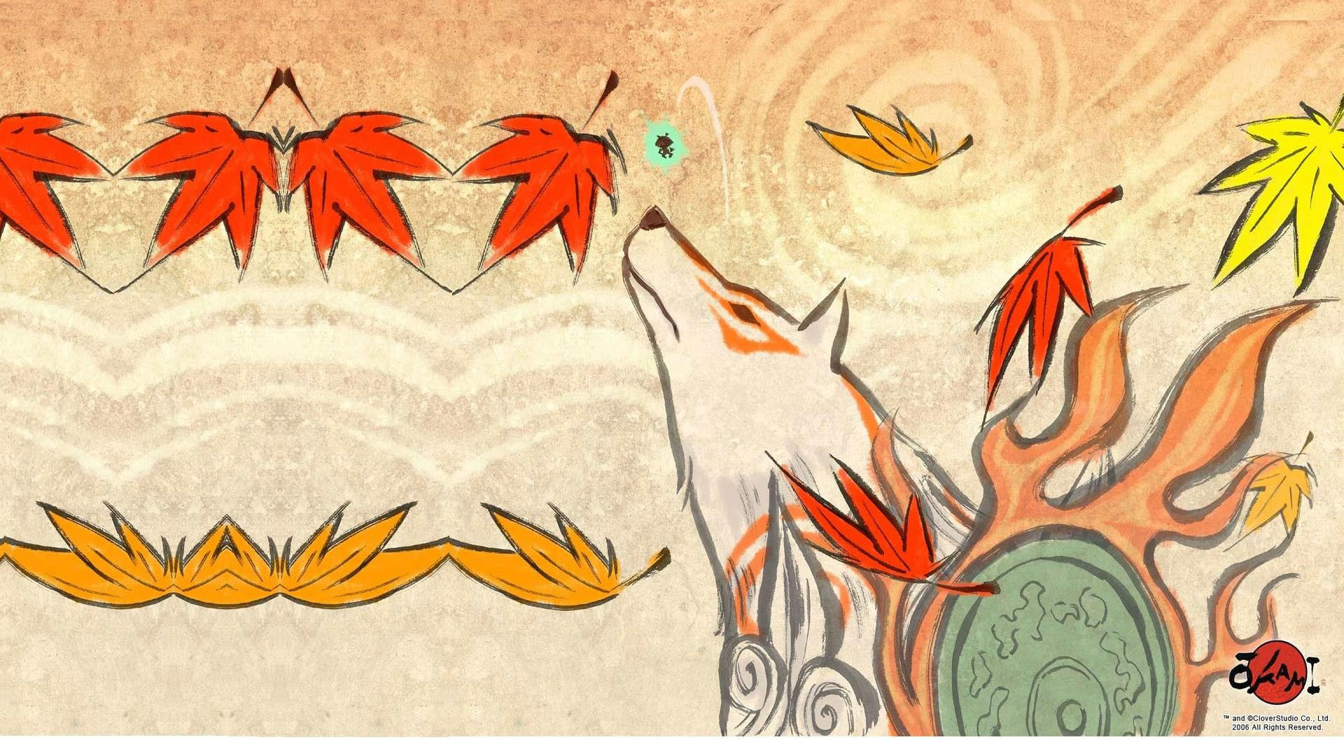 Wolf Amongst The Falling Autumn Leaves - Okami Amaterasu - HD Wallpaper 