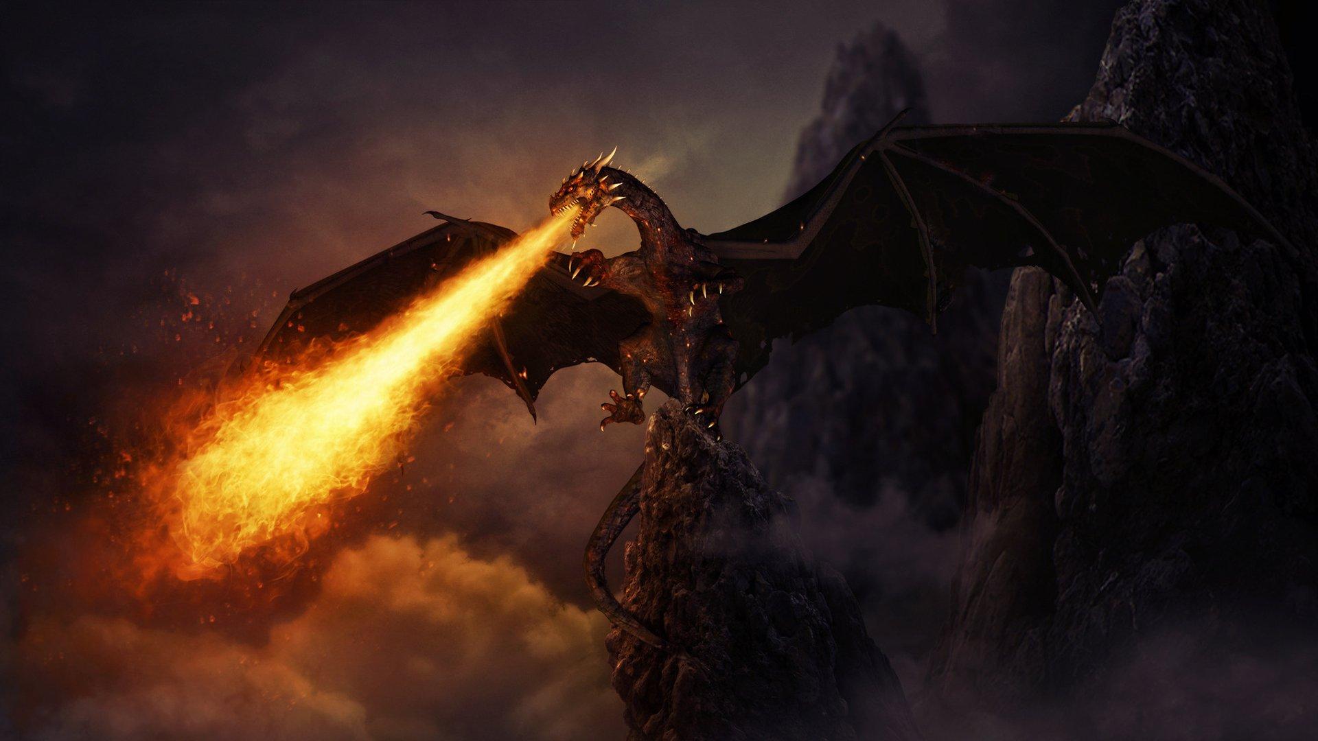Wallpaper Black Dragon Fire Rock - Black Dragon Breathing Fire - HD Wallpaper 