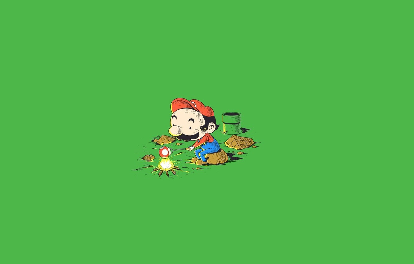 Photo Wallpaper Minimalism, Mushroom, Mario, Art, Green, - Cartoon - HD Wallpaper 