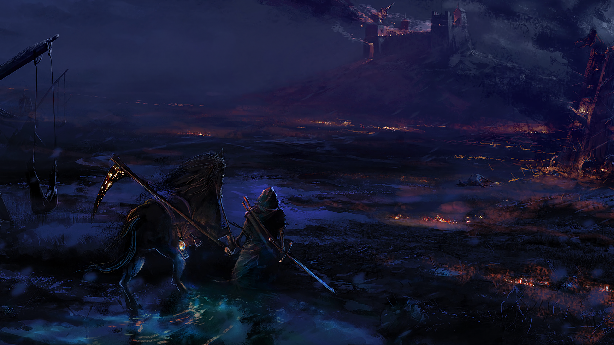 Fantasy Warrior, Horse, Night, Castle, Fire, War - Fantasy Night Wallpaper Art - HD Wallpaper 
