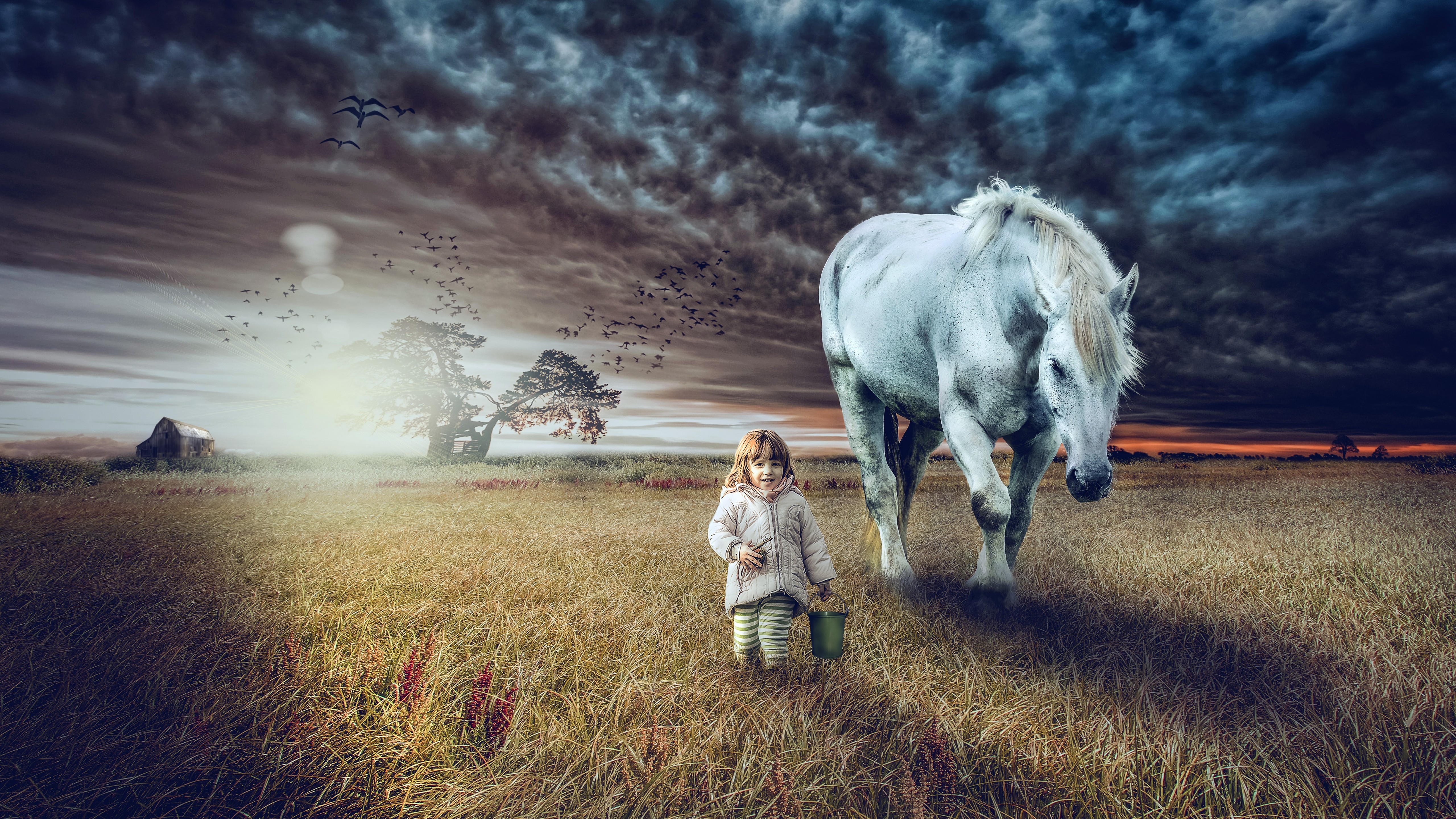 Cute Girl And Horse 5k - Cute Girl With Horse - HD Wallpaper 